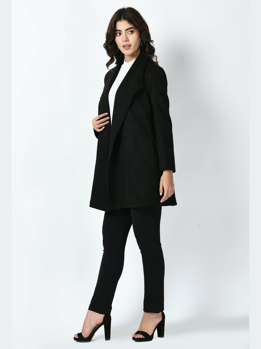 Exude Spark Suede Leather Medium Wrap Coat Black Coat