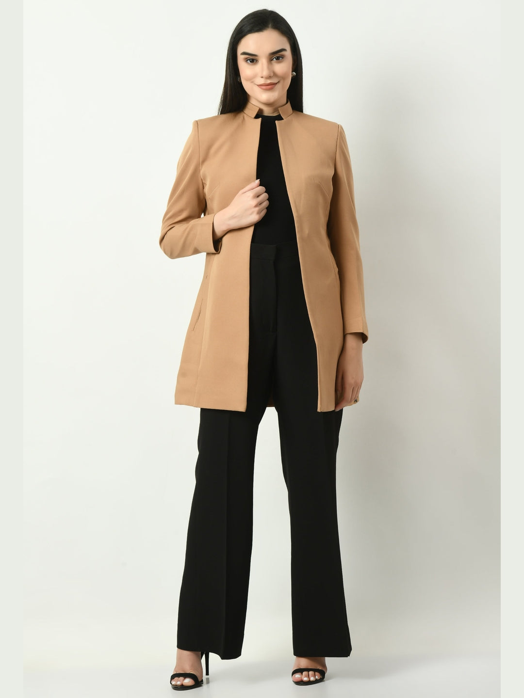 Exude Supremacy Solid Long Blazer Beige Blazers