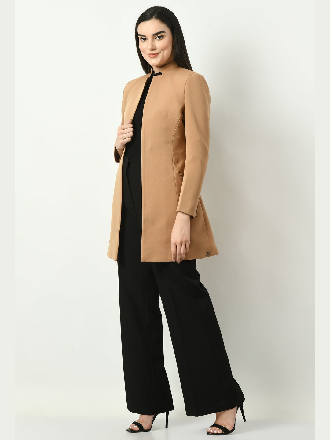 Exude Supremacy Solid Long Blazer Beige Blazers