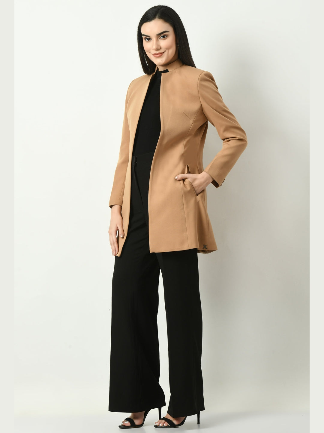 Exude Supremacy Solid Long Blazer Beige Blazers