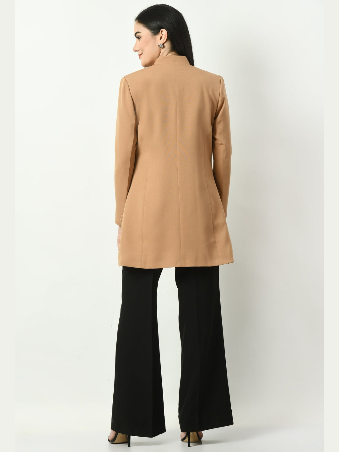 Exude Supremacy Solid Long Blazer Beige Blazers