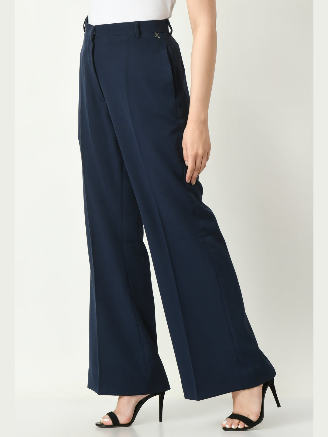 Exude Mastery Solid Long Blazer with Bootcut Trousers Navy Co-ord Sets