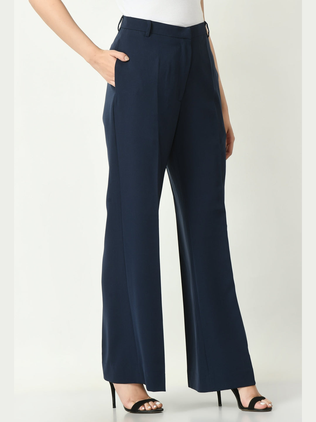 Exude Mastery Solid Long Blazer with Bootcut Trousers Navy Co-ord Sets