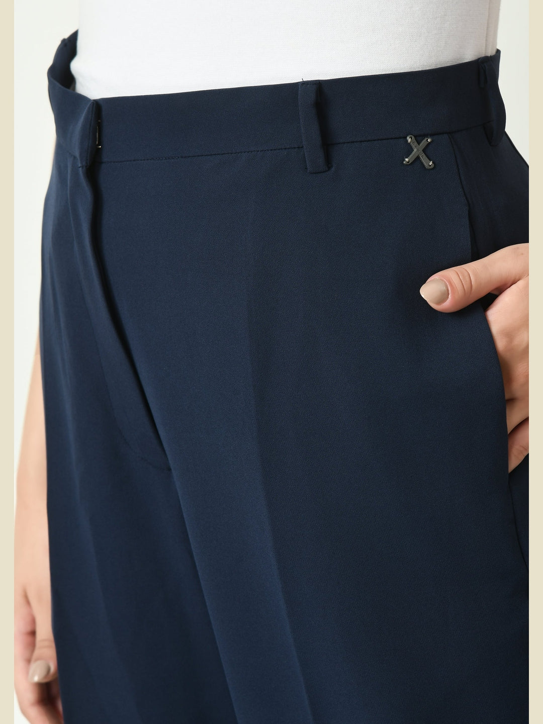 Exude Mastery Solid Long Blazer with Bootcut Trousers Navy Co-ord Sets