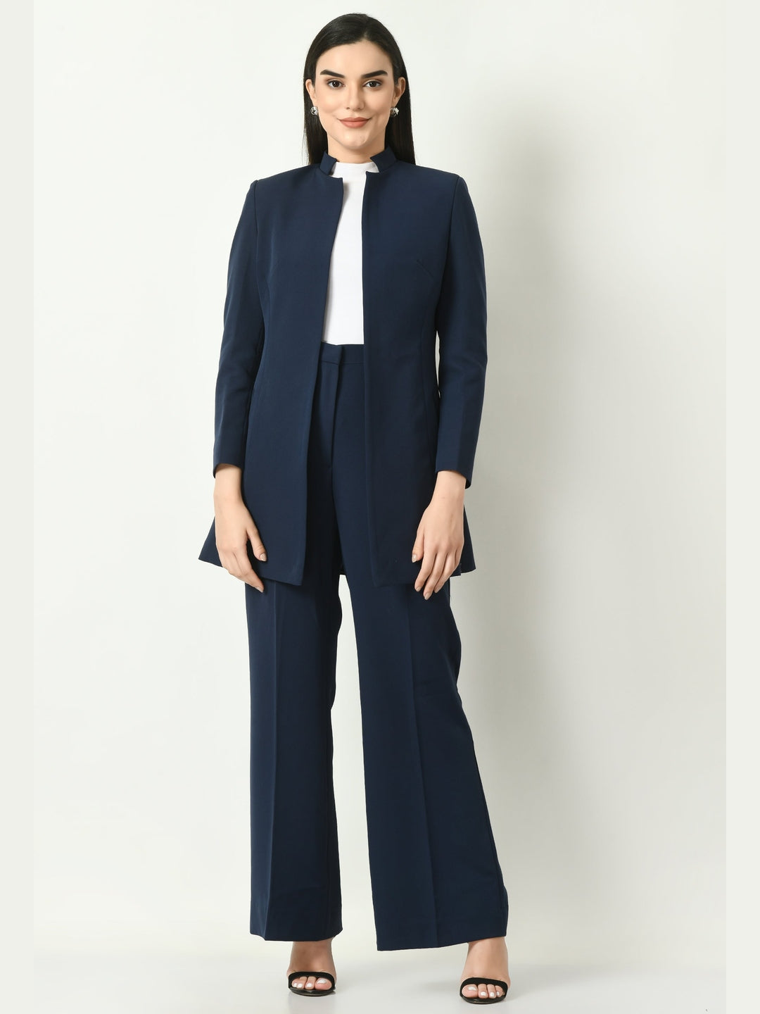 Exude Mastery Solid Long Blazer with Bootcut Trousers Navy Co-ord Sets