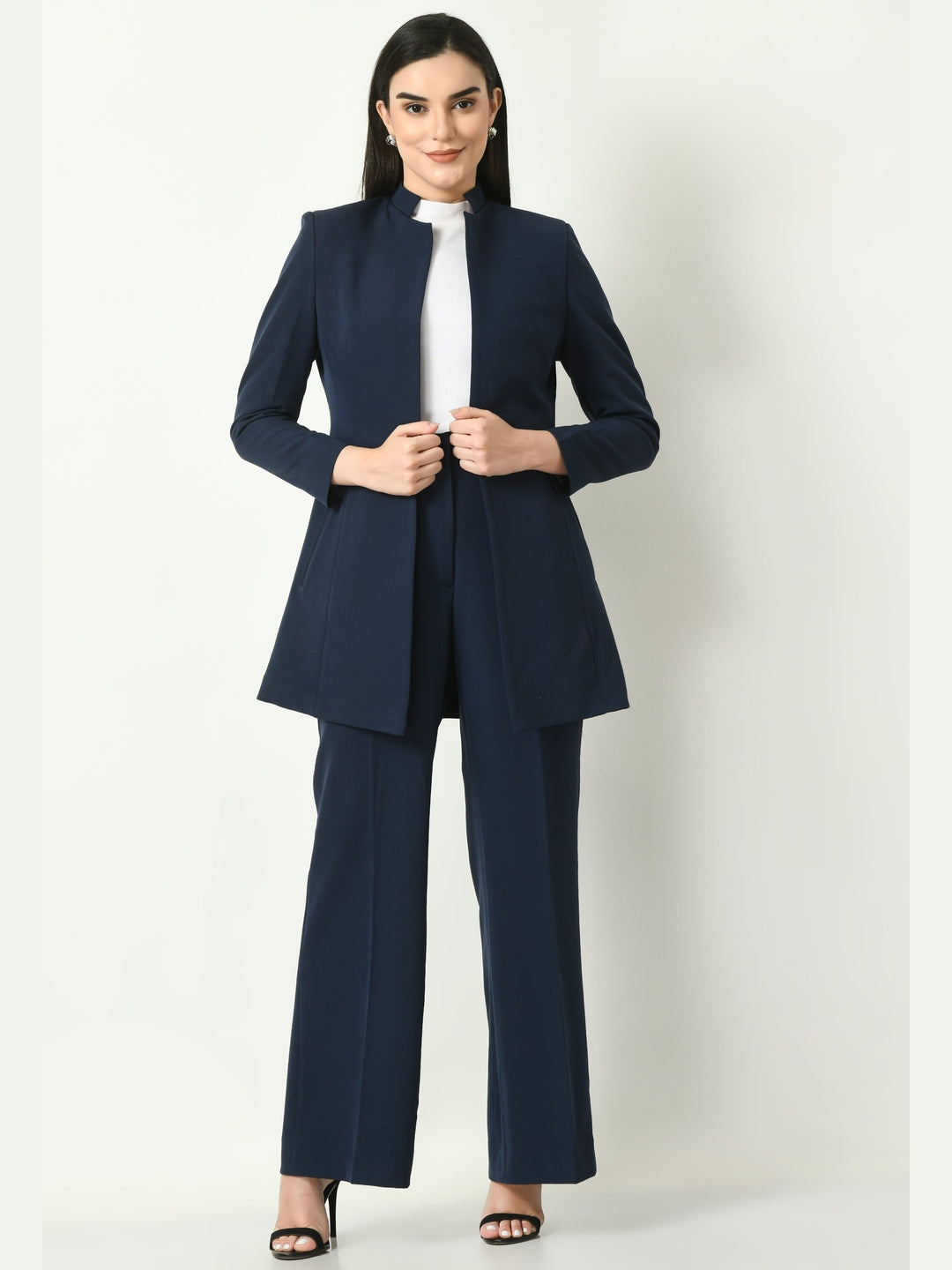 Exude Mastery Solid Long Blazer with Bootcut Trousers Navy Co-ord Sets