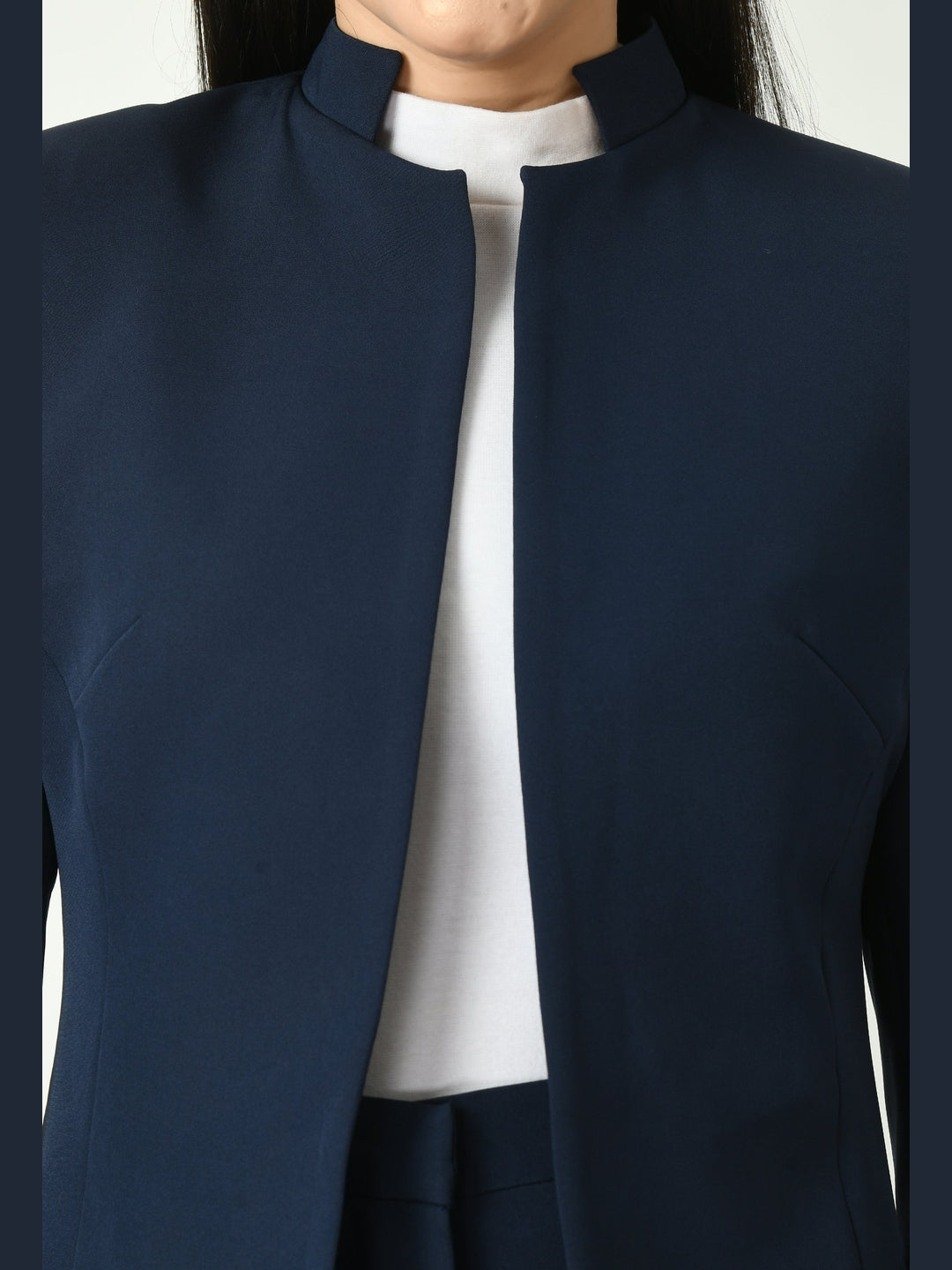 Exude Mastery Solid Long Blazer with Bootcut Trousers Navy Co-ord Sets