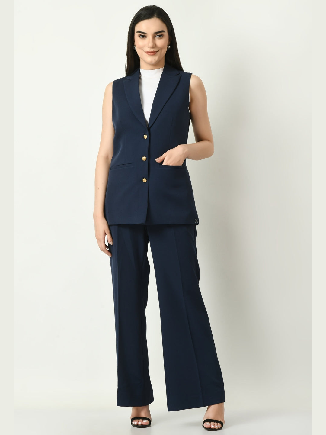 Exude Meridian Sleeveless Long Blazer Navy Blazers