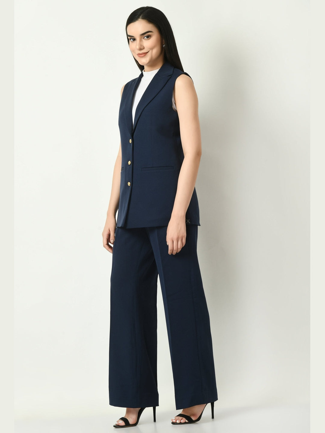 Exude Aspiration Sleeveless Blazer with Bootcut Trousers Navy Co-ord Sets