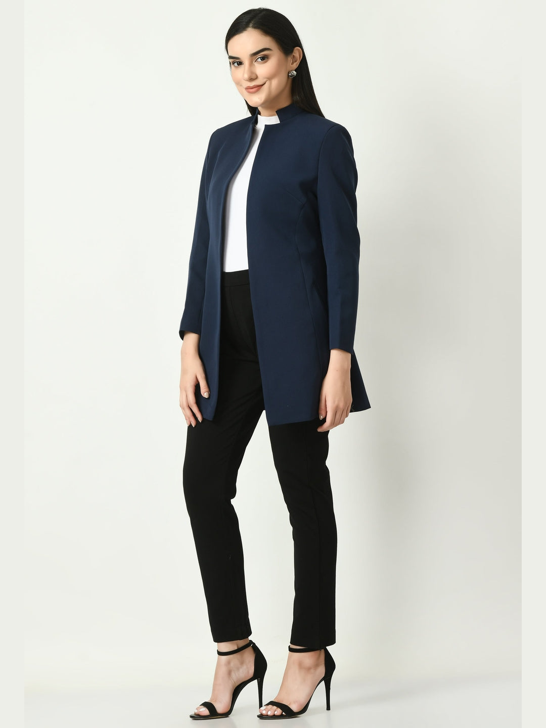 Exude Supremacy Solid Long Blazer Navy Blazers