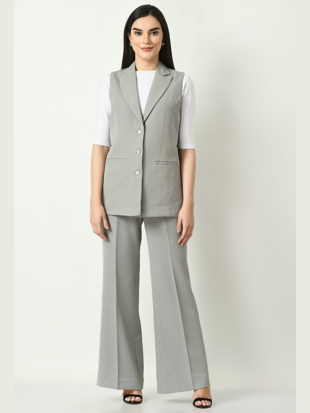 Exude Aspiration Sleeveless Blazer with Bootcut Trousers Grey Co-ord Sets