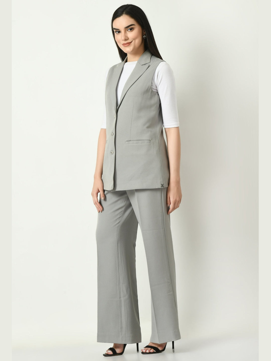 Exude Aspiration Sleeveless Blazer with Bootcut Trousers Grey Co-ord Sets