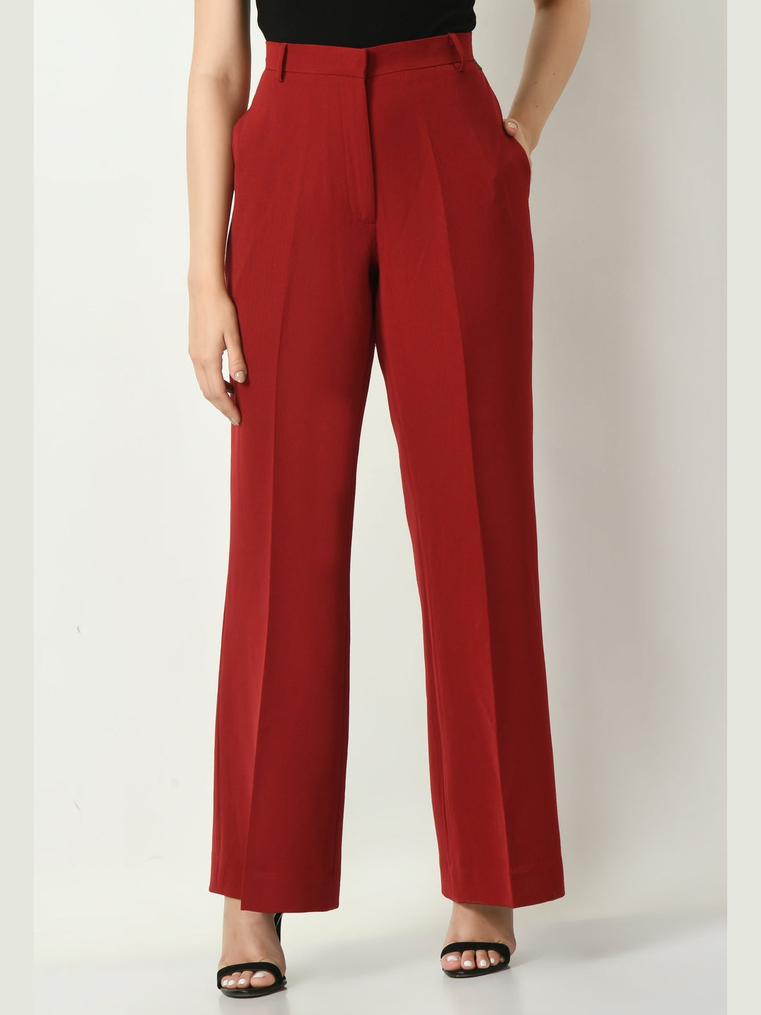 Exude Eminence Solid Bootcut Trousers Red Trousers