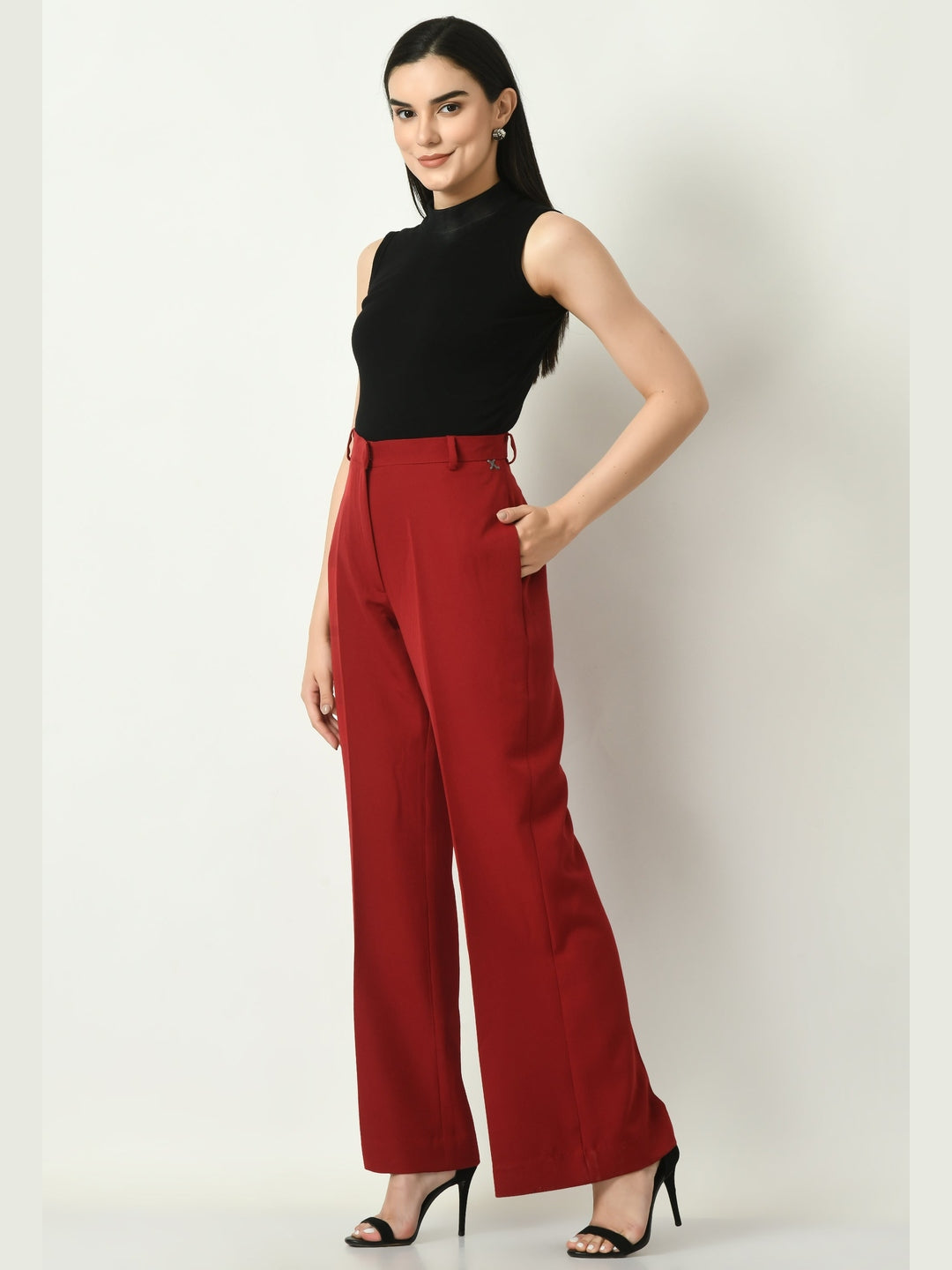 Exude Eminence Solid Bootcut Trousers Red Trousers