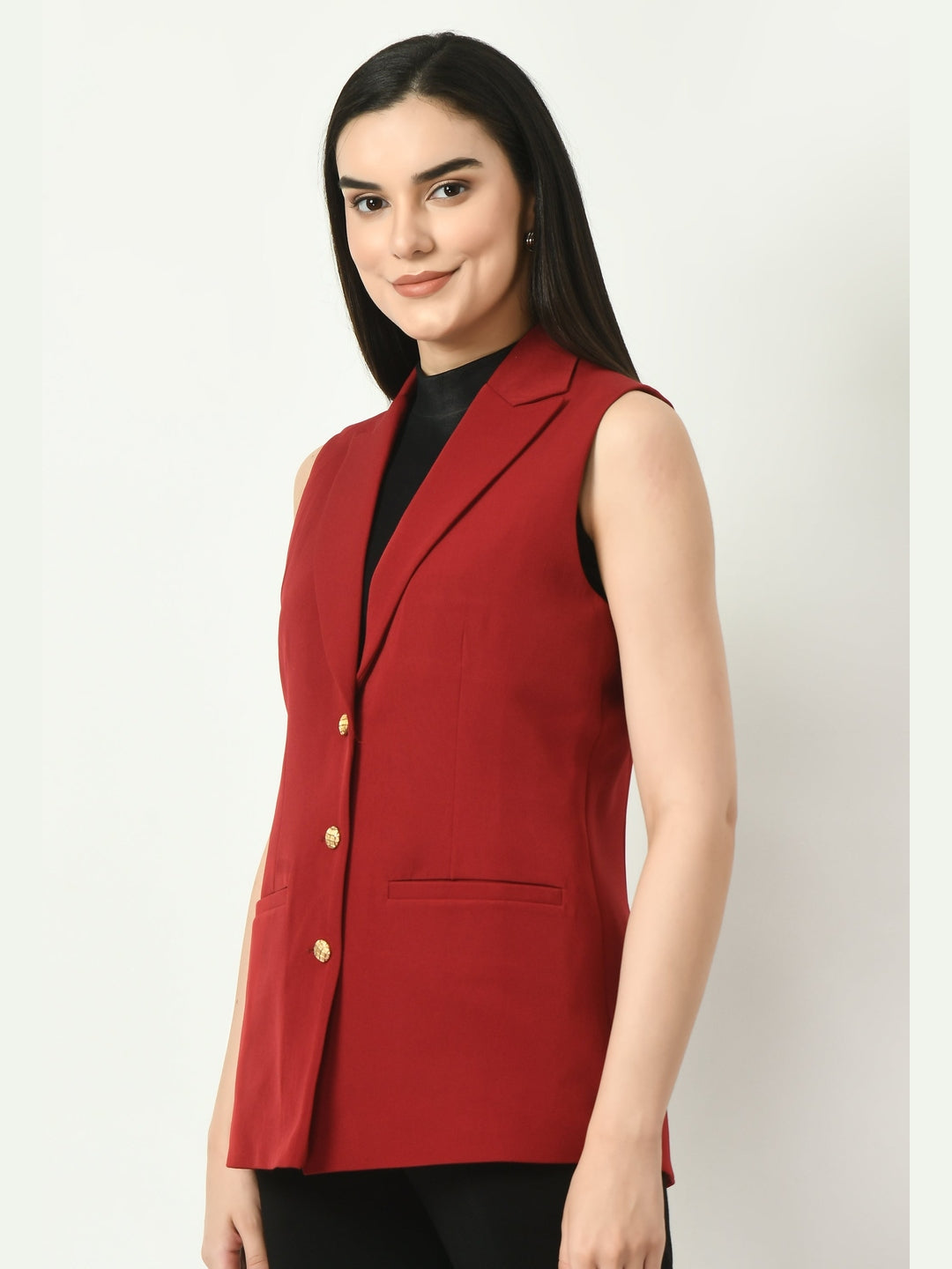 Exude Meridian Sleeveless Long Blazer Red Blazers