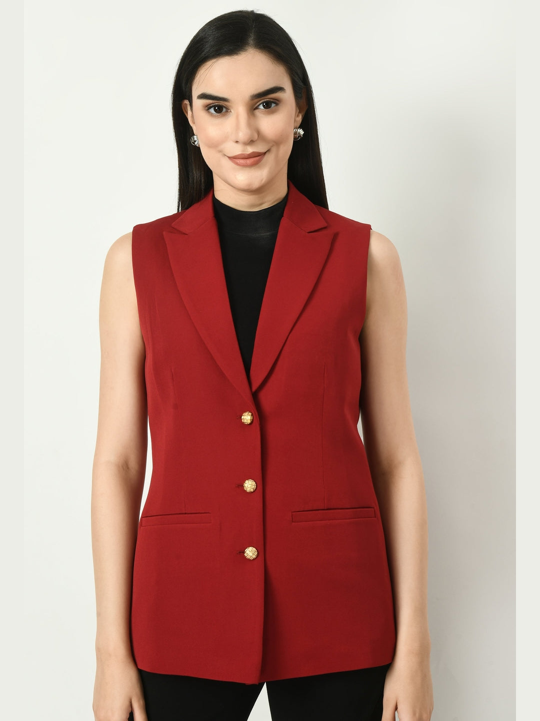 Exude Meridian Sleeveless Long Blazer Red Blazers