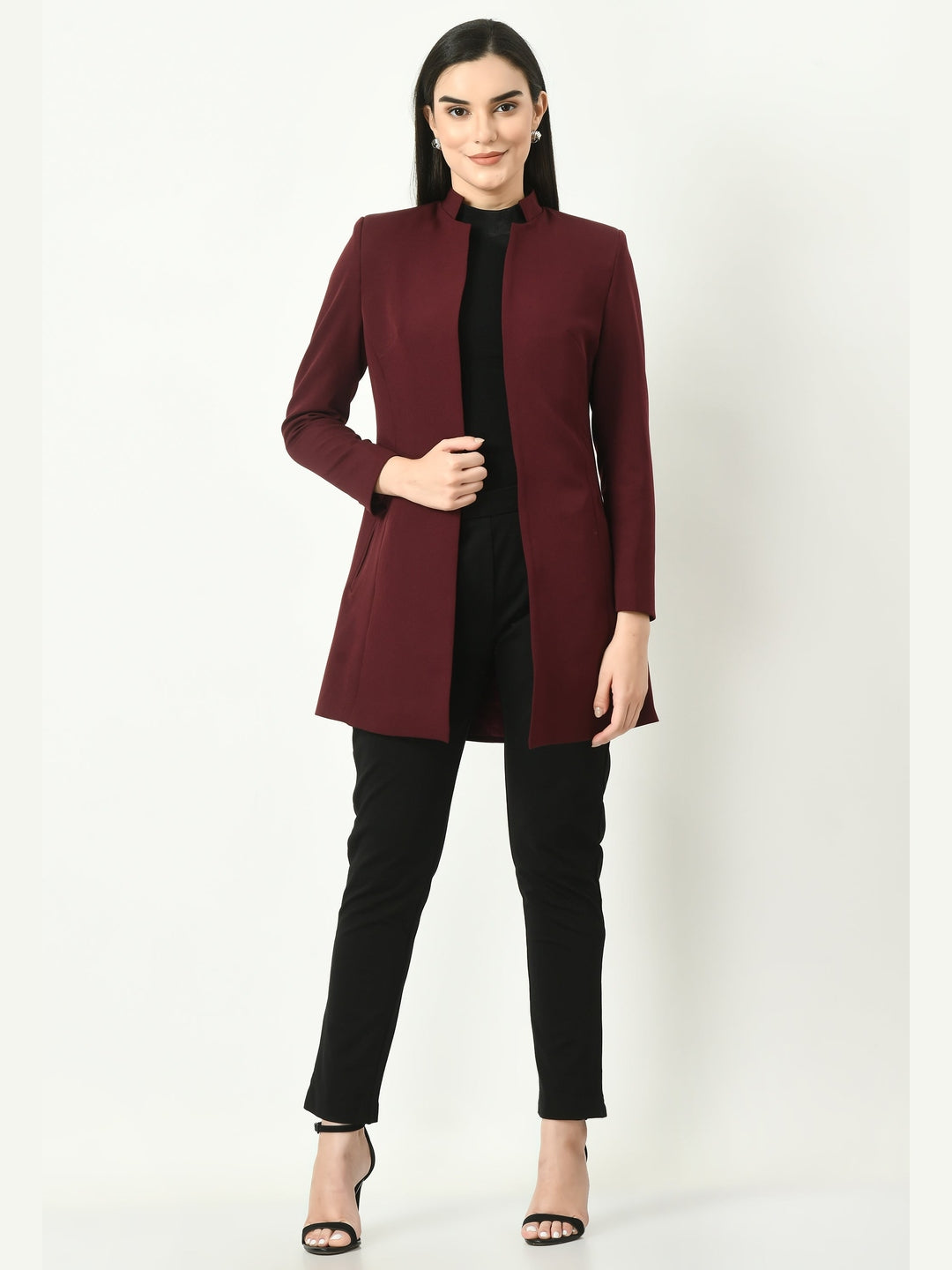 Exude Supremacy Solid Long Blazer Wine Blazers