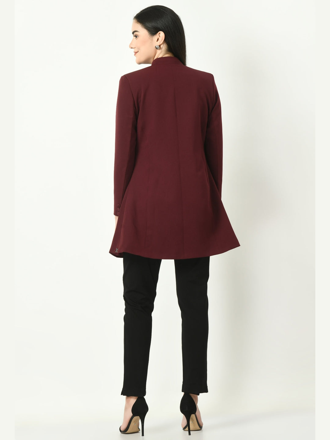 Exude Supremacy Solid Long Blazer Wine Blazers