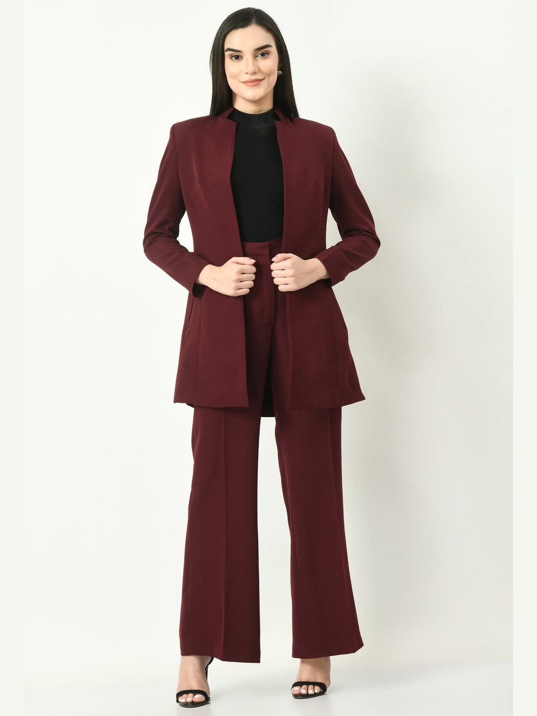 Exude Mastery Solid Long Blazer with Bootcut Trousers Wine Co-ord Sets