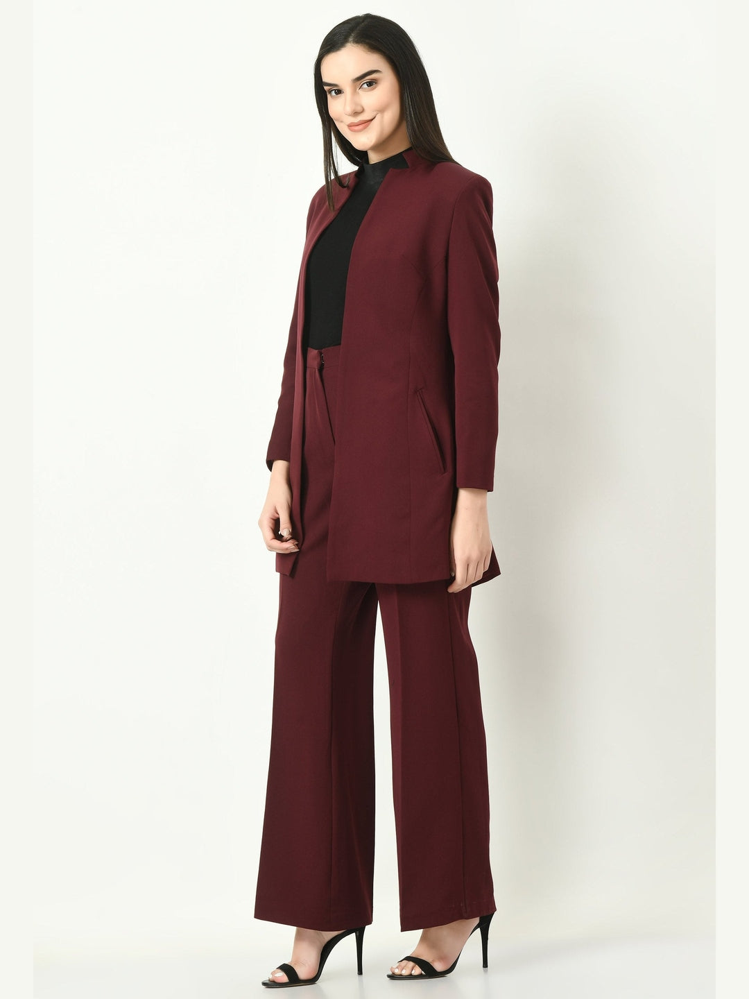 Exude Mastery Solid Long Blazer with Bootcut Trousers Wine Co-ord Sets