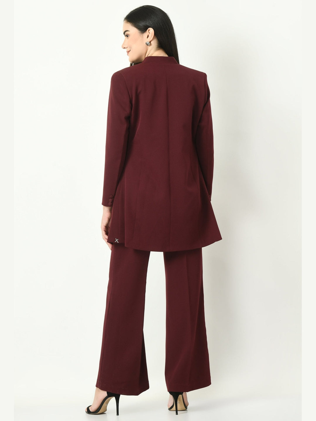Exude Mastery Solid Long Blazer with Bootcut Trousers Wine Co-ord Sets