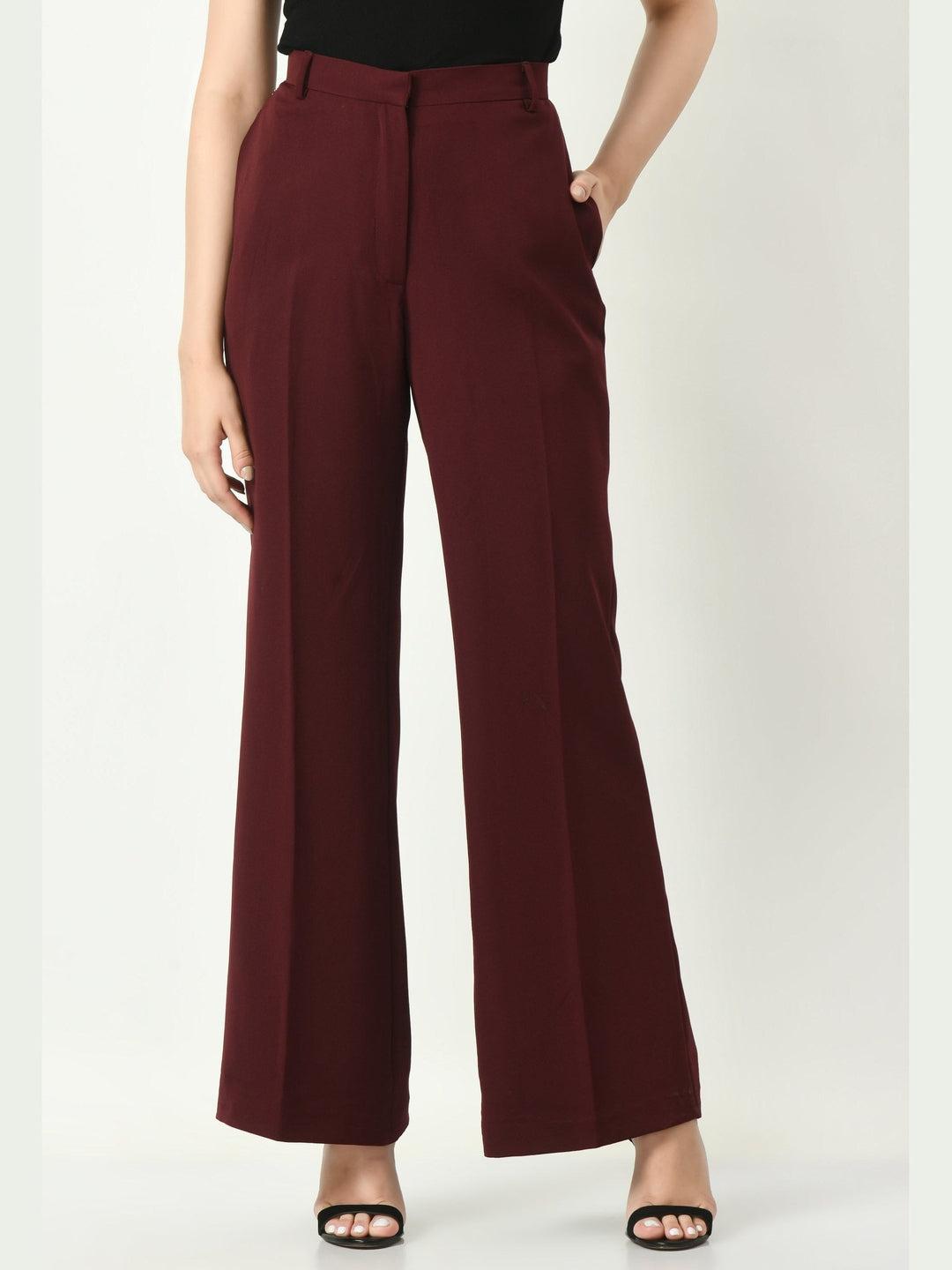 Exude Mastery Solid Long Blazer with Bootcut Trousers Wine Co-ord Sets