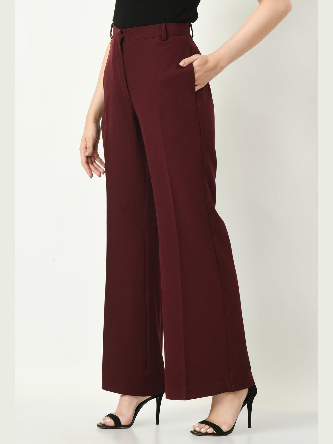 Exude Mastery Solid Long Blazer with Bootcut Trousers Wine Co-ord Sets