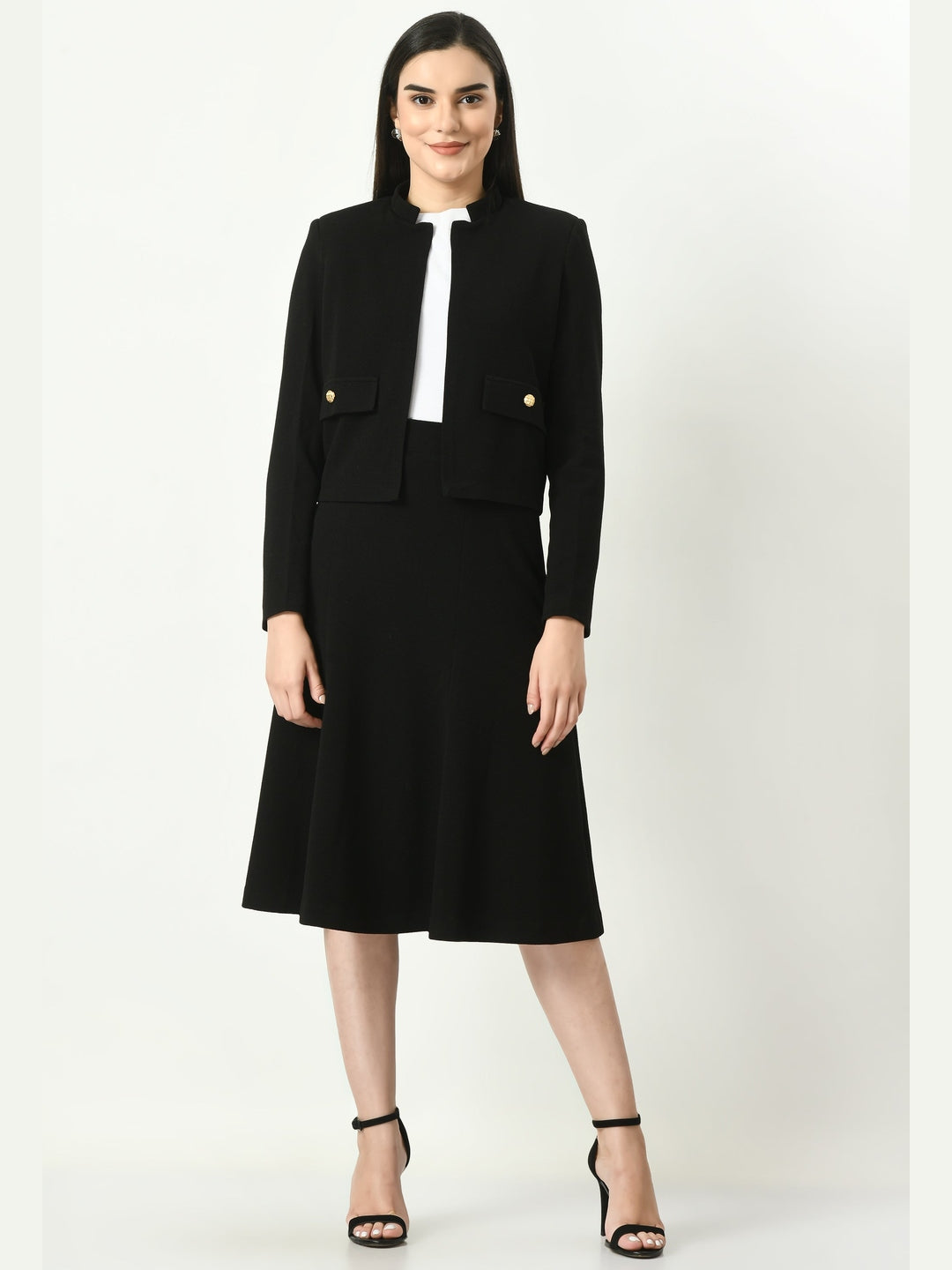 Exude Triumph Mandarin Collar Crop Blazer Black Blazers