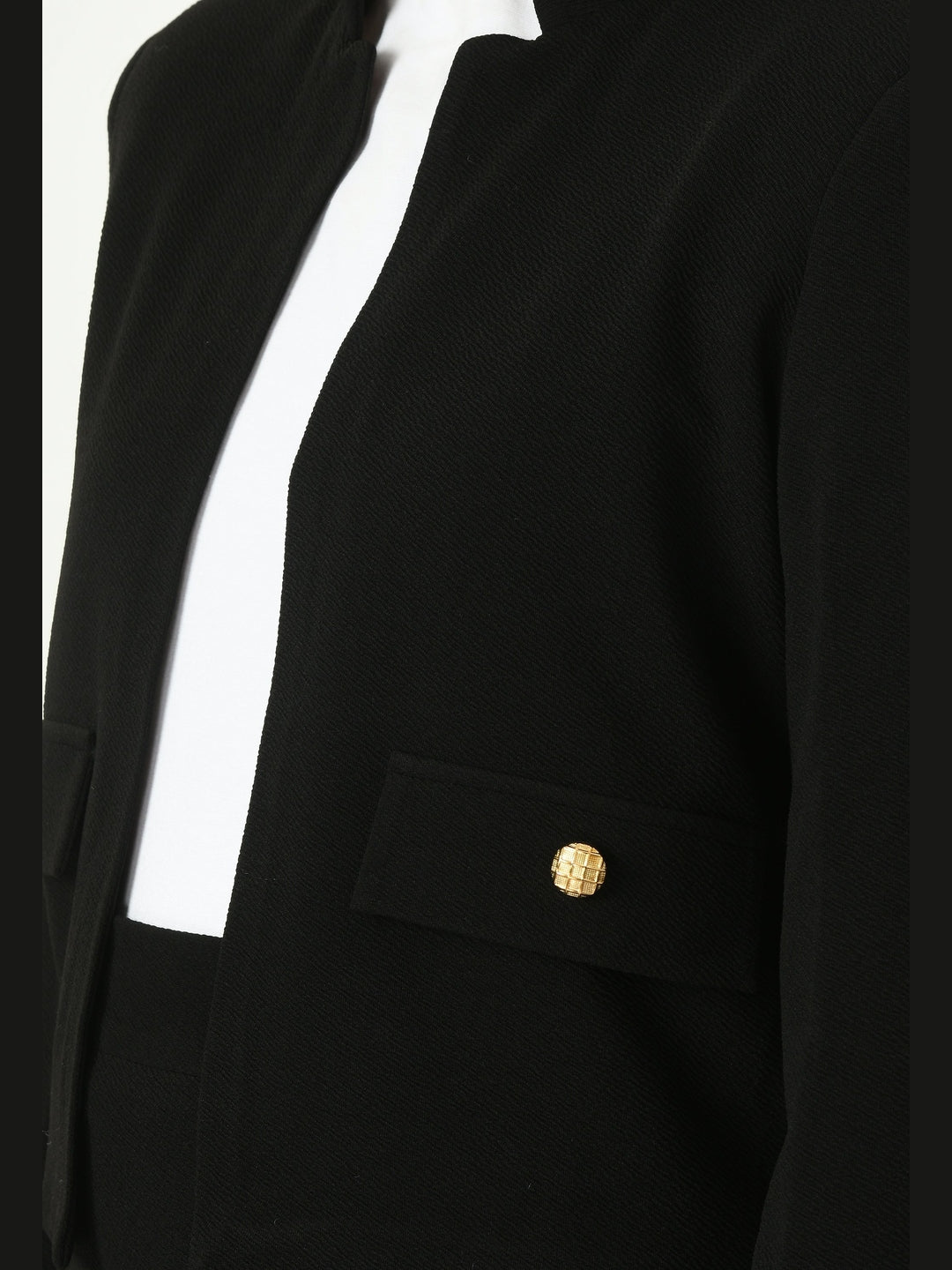 Exude Exuberant Mandarin Collar Blazer with Midi A-line Skirt Black Co-ord Sets
