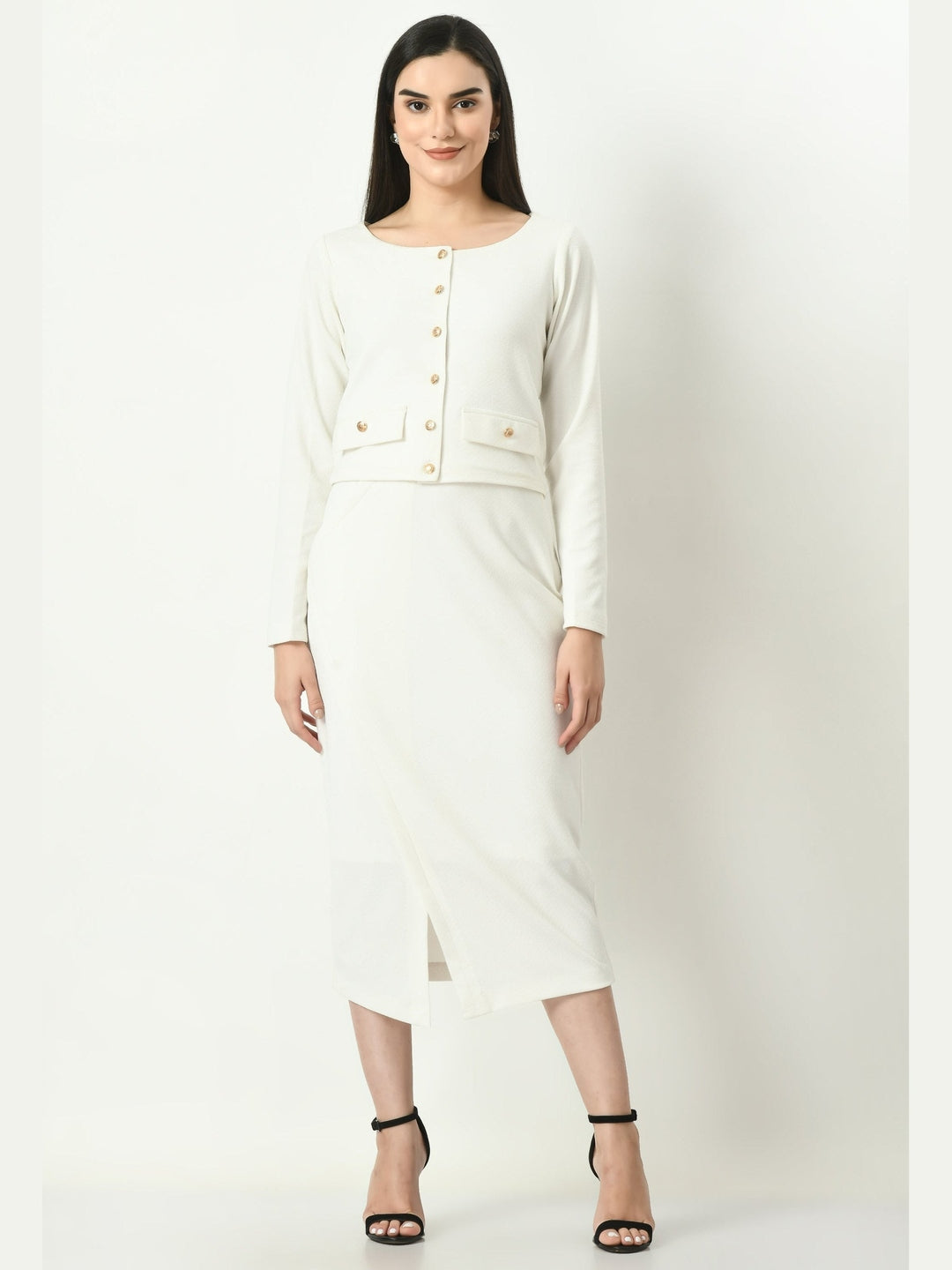 Exude Invincible Crop Blazer Top with Front Slit Midi Skirt White Co-ord Sets
