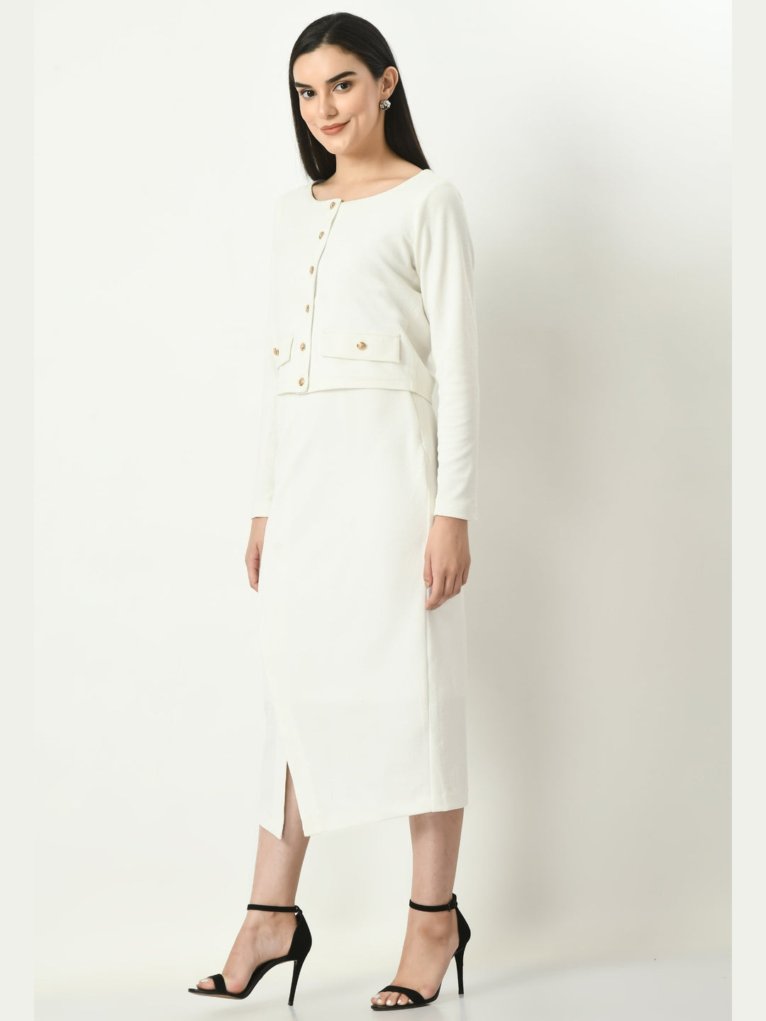 Exude Euphoria Pencil Midi Skirt with Front Slit White Skirts