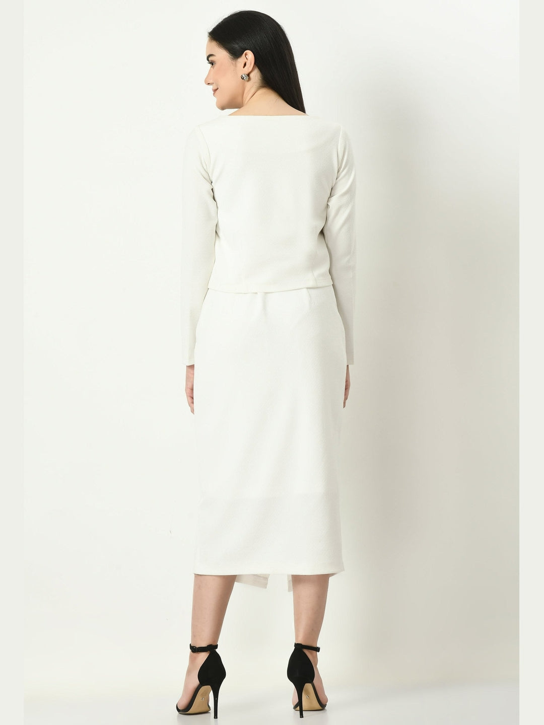 Exude Invincible Crop Blazer Top with Front Slit Midi Skirt White Co-ord Sets