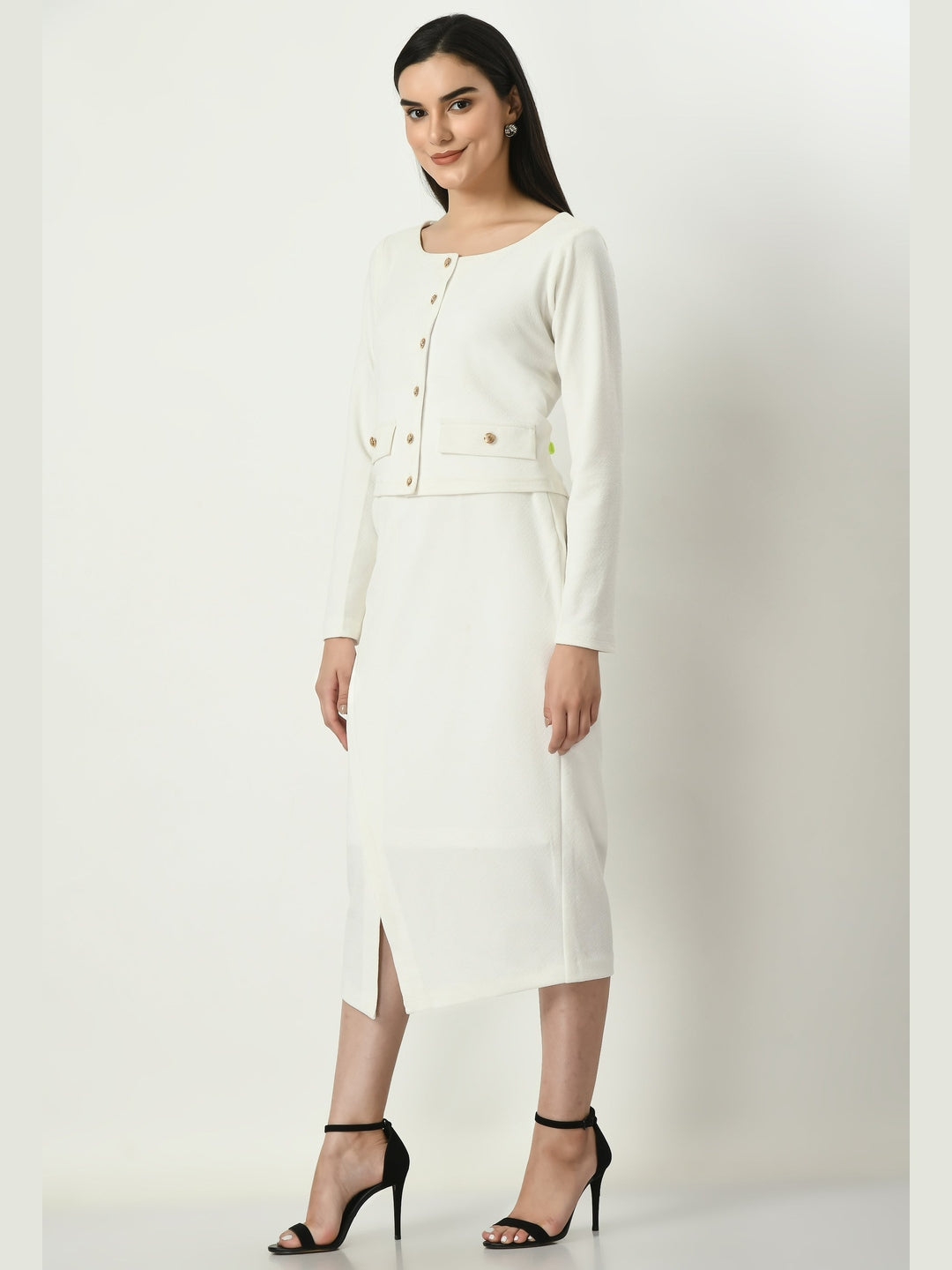 Exude Euphoria Pencil Midi Skirt with Front Slit White Skirts