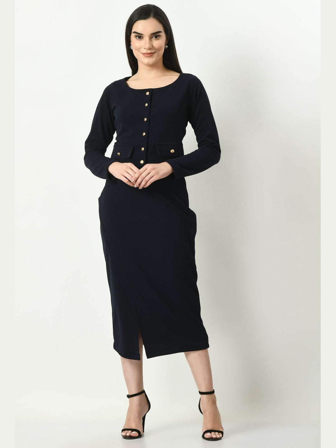 Exude Invincible Crop Blazer Top with Front Slit Midi Skirt Navy Co-ord Sets