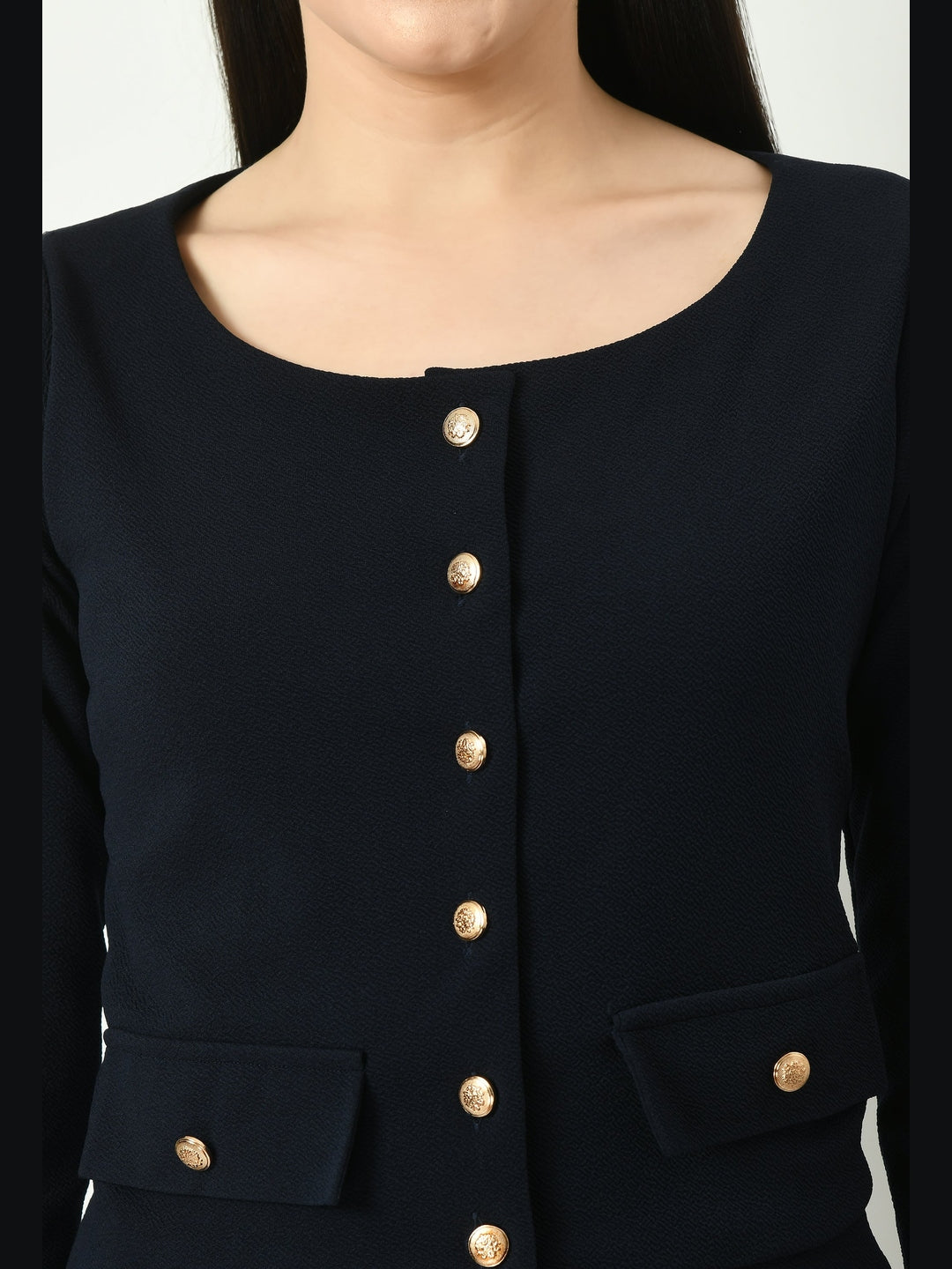 Exude Enchanting Button-down Crop Blazer Navy Blazers