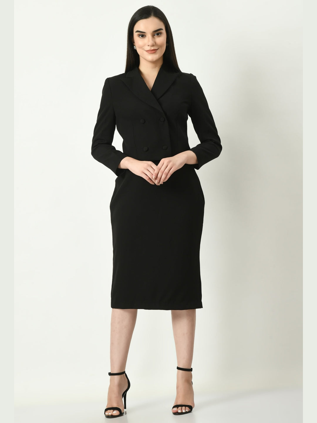 Exude Self-assurance Double-breasted Crop Blazer Top with Pencil Skirt Black Co-ord Sets