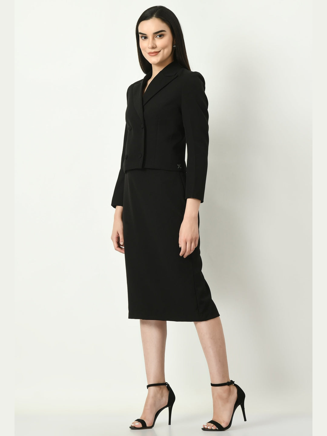 Exude Self-assurance Double-breasted Crop Blazer Top with Pencil Skirt Black Co-ord Sets