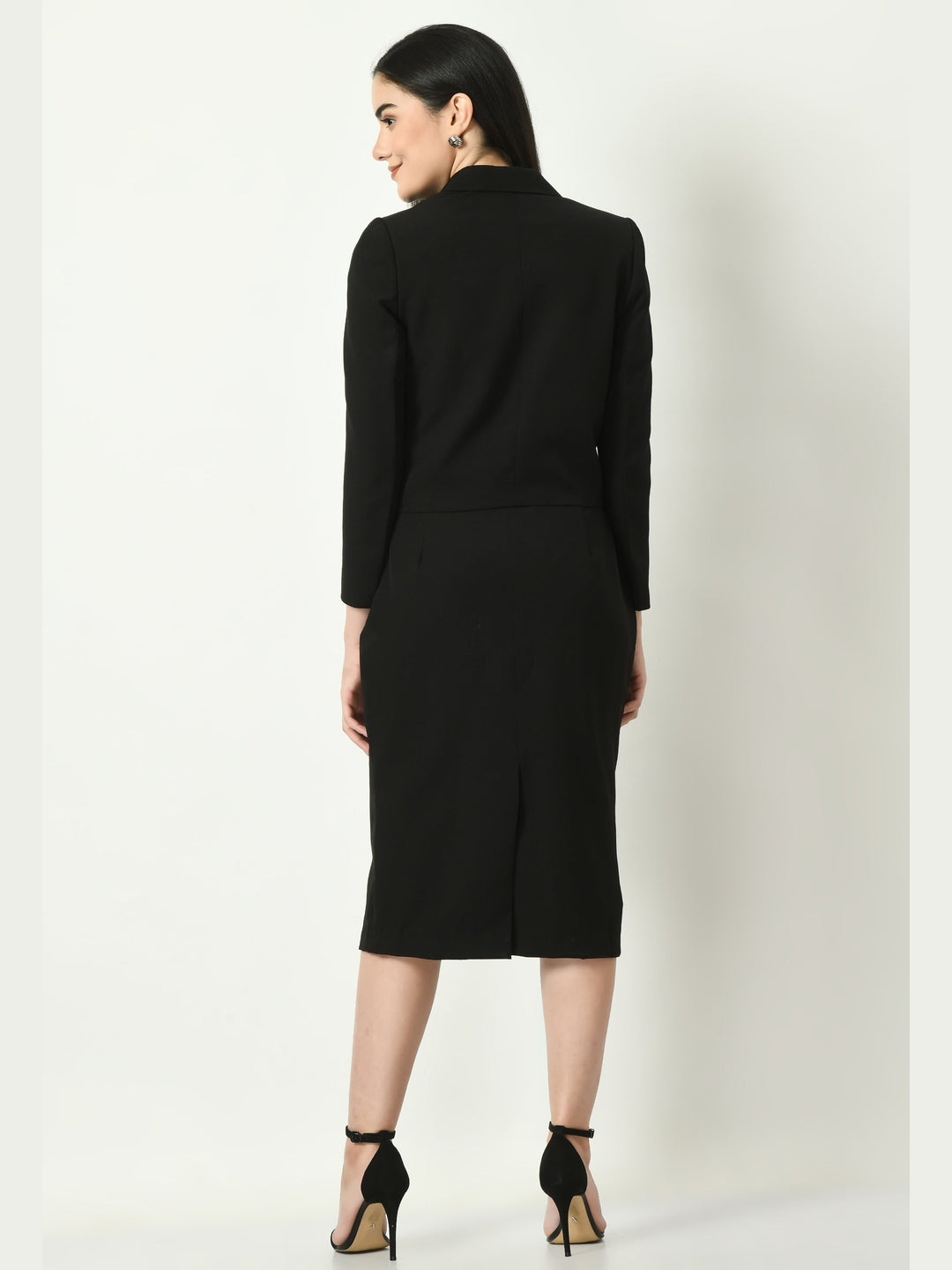 Exude Self-assurance Double-breasted Crop Blazer Top with Pencil Skirt Black Co-ord Sets