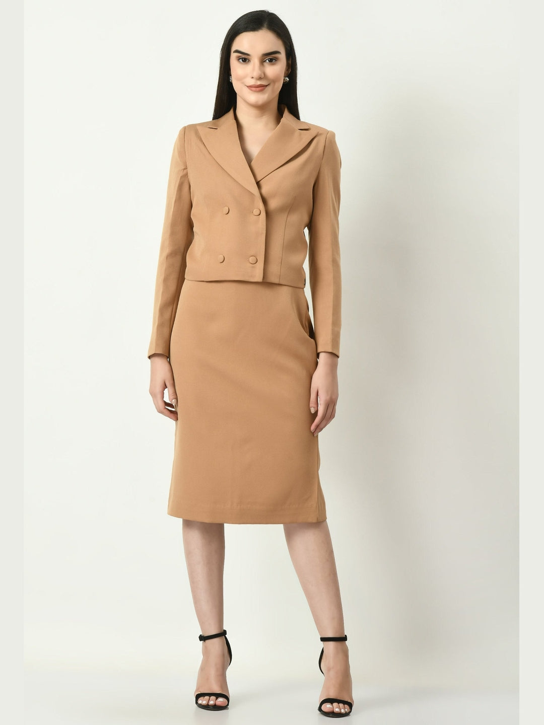 Exude Self-assurance Double-breasted Crop Blazer Top with Pencil Skirt Beige Co-ord Sets