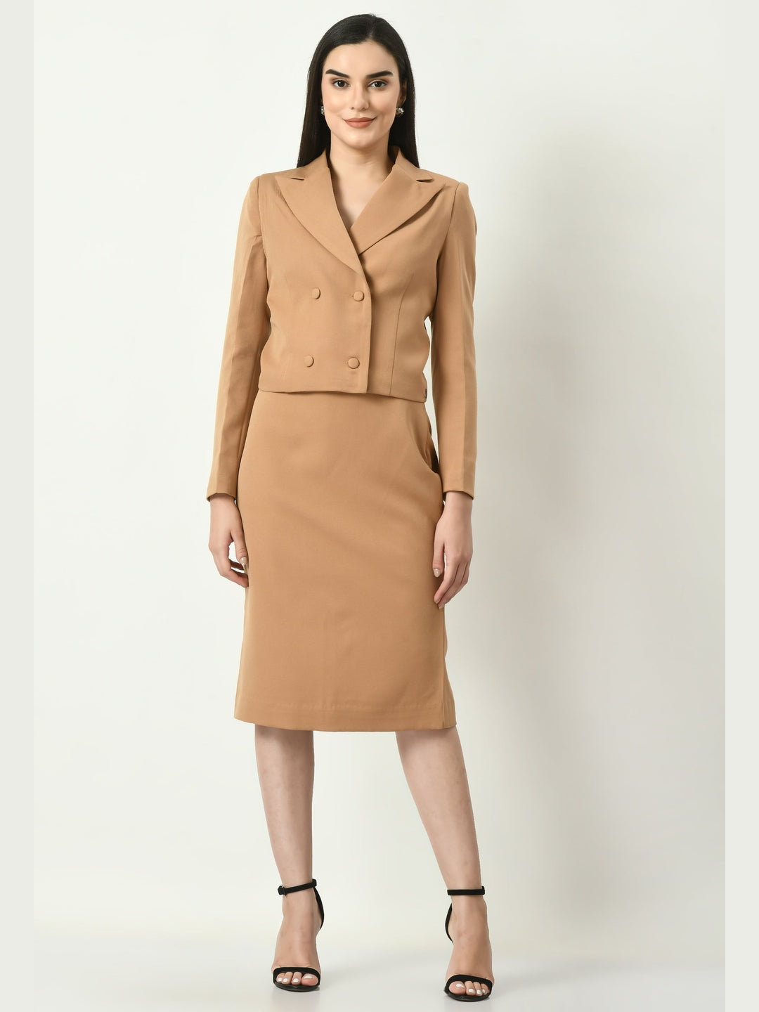 Exude Glorious Double-breasted Crop Blazer Beige Blazers