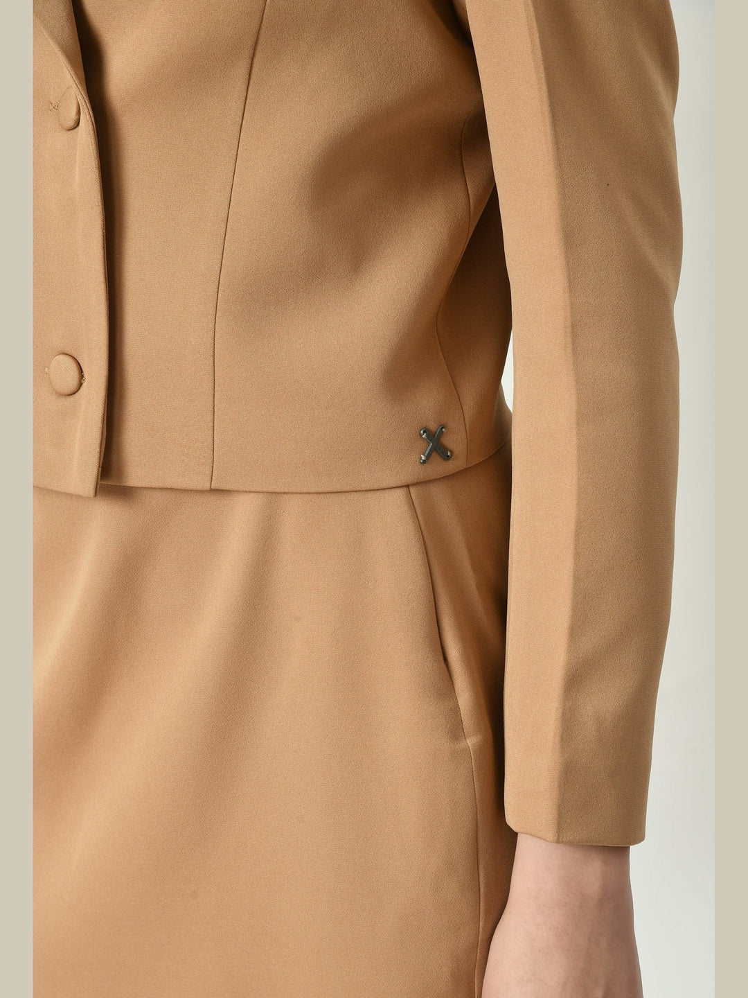 Exude Self-assurance Double-breasted Crop Blazer Top with Pencil Skirt Beige Co-ord Sets