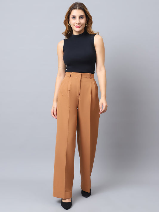 Exude Influence Solid Wide Leg Trousers (Beige)
