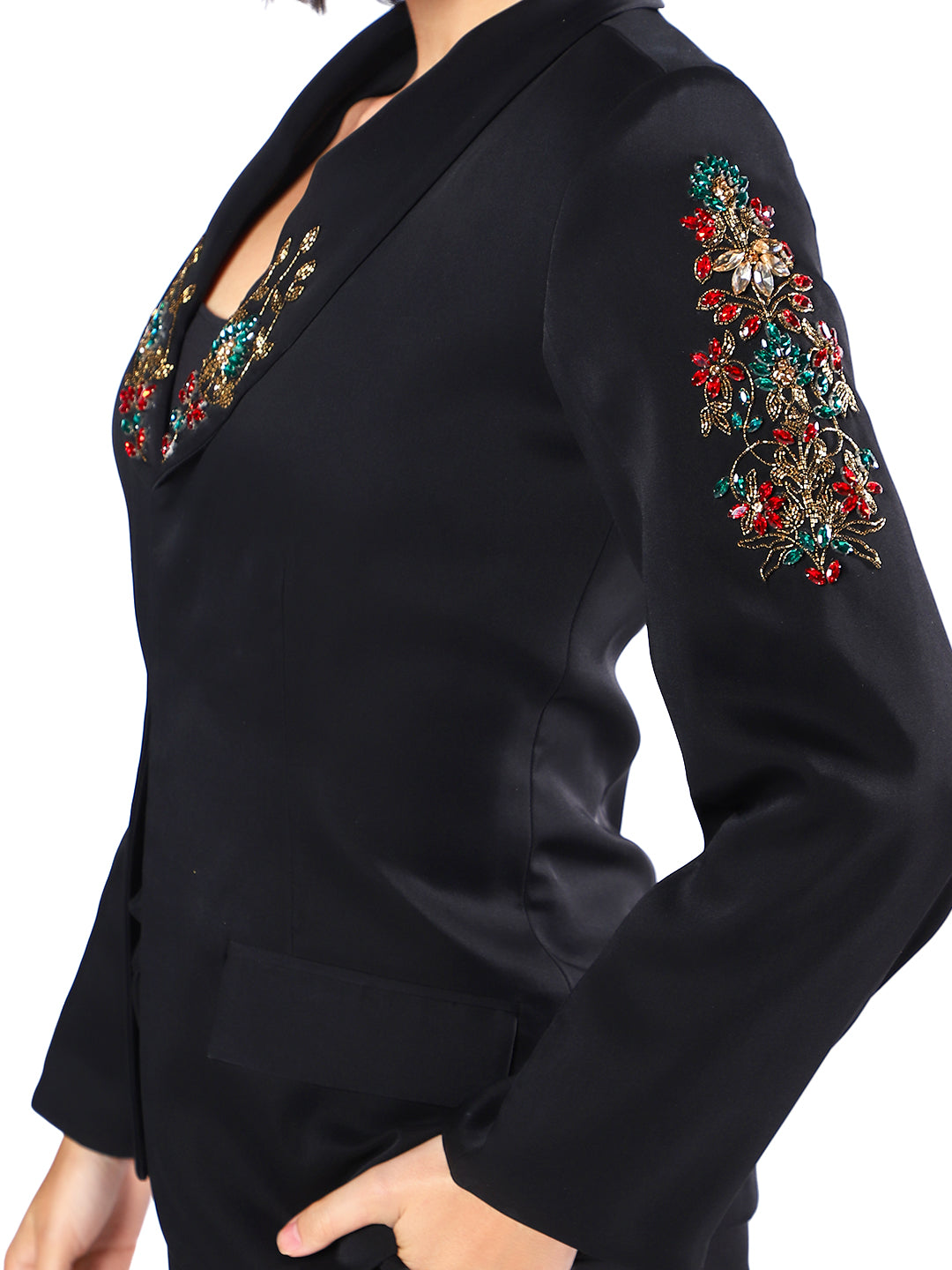 Exude Noir Blossom Embroidered Pantsuit
