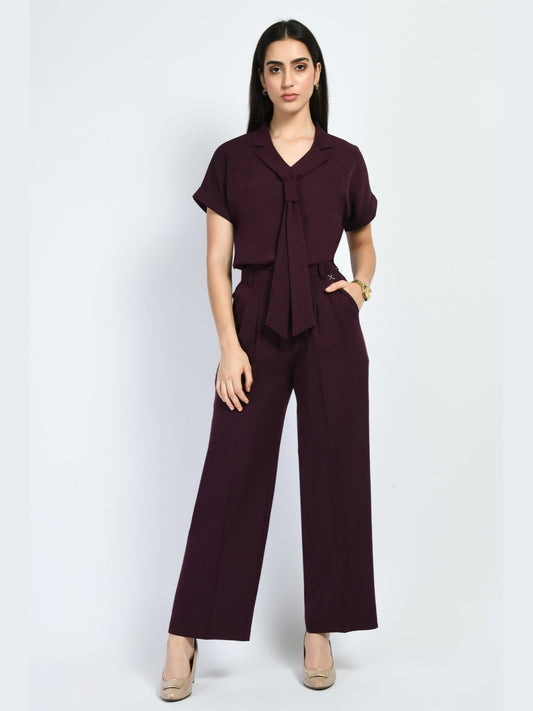Exude Magnetism Solid Wide Leg Trousers With Blazer Tie Top Co-ord (Wine)