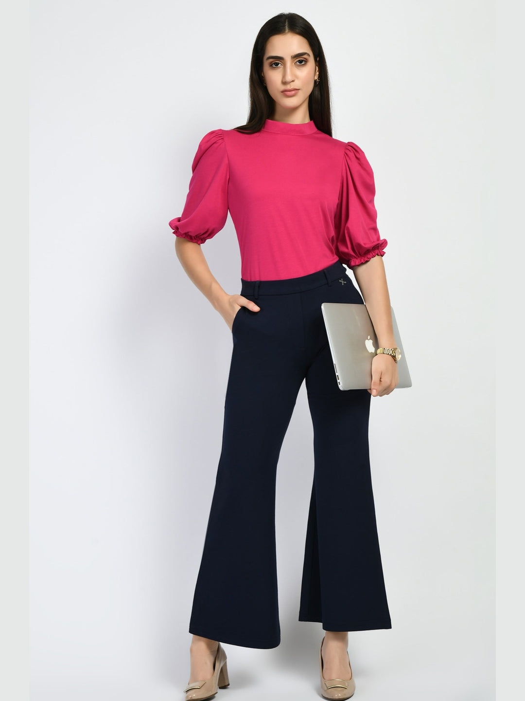 Exude Glamour Puffed Sleeves T-shirt Hot Pink T-Shirts