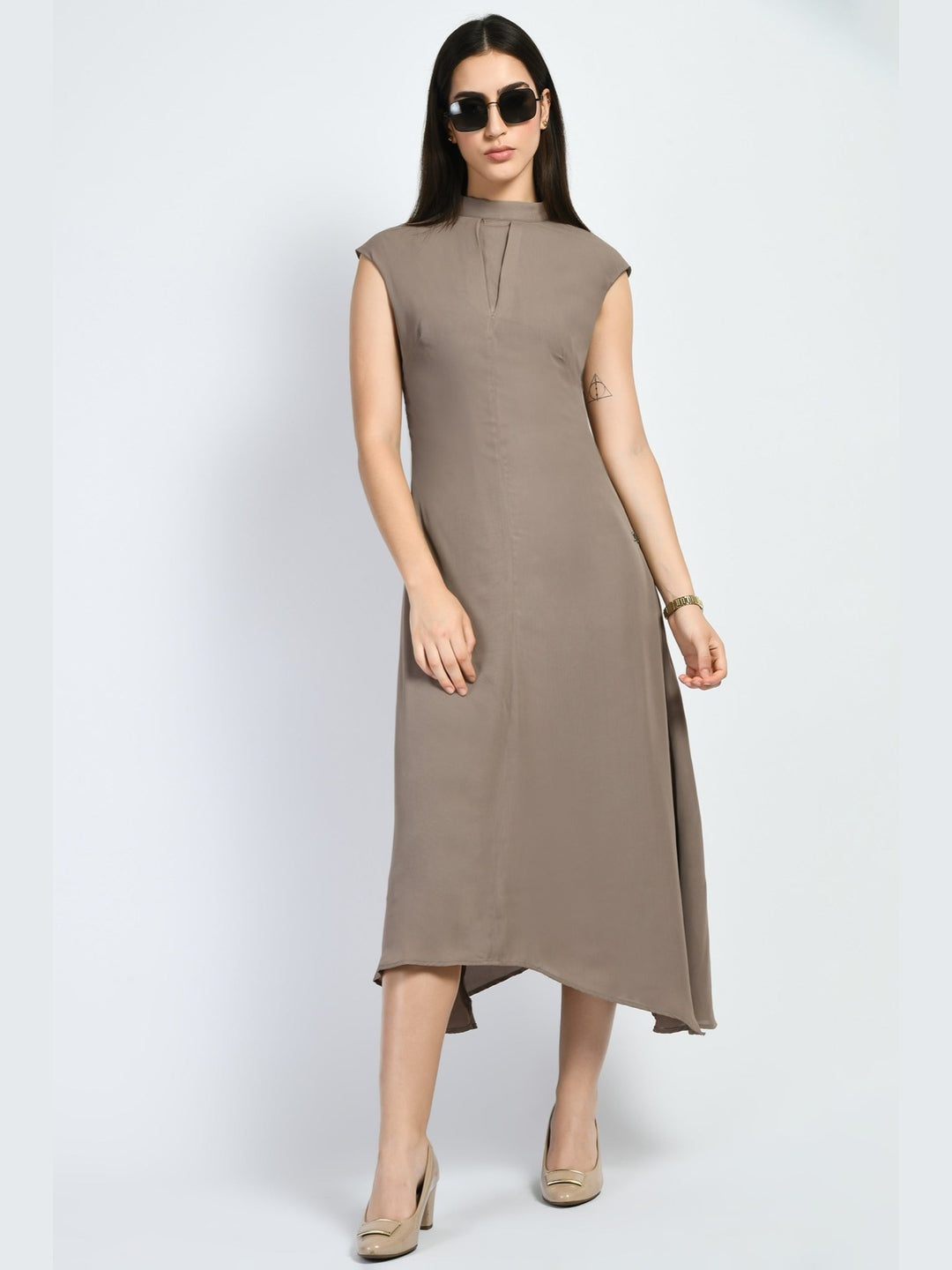Exude Vibrance Open Back Midi Dress Camel Beige Dresses