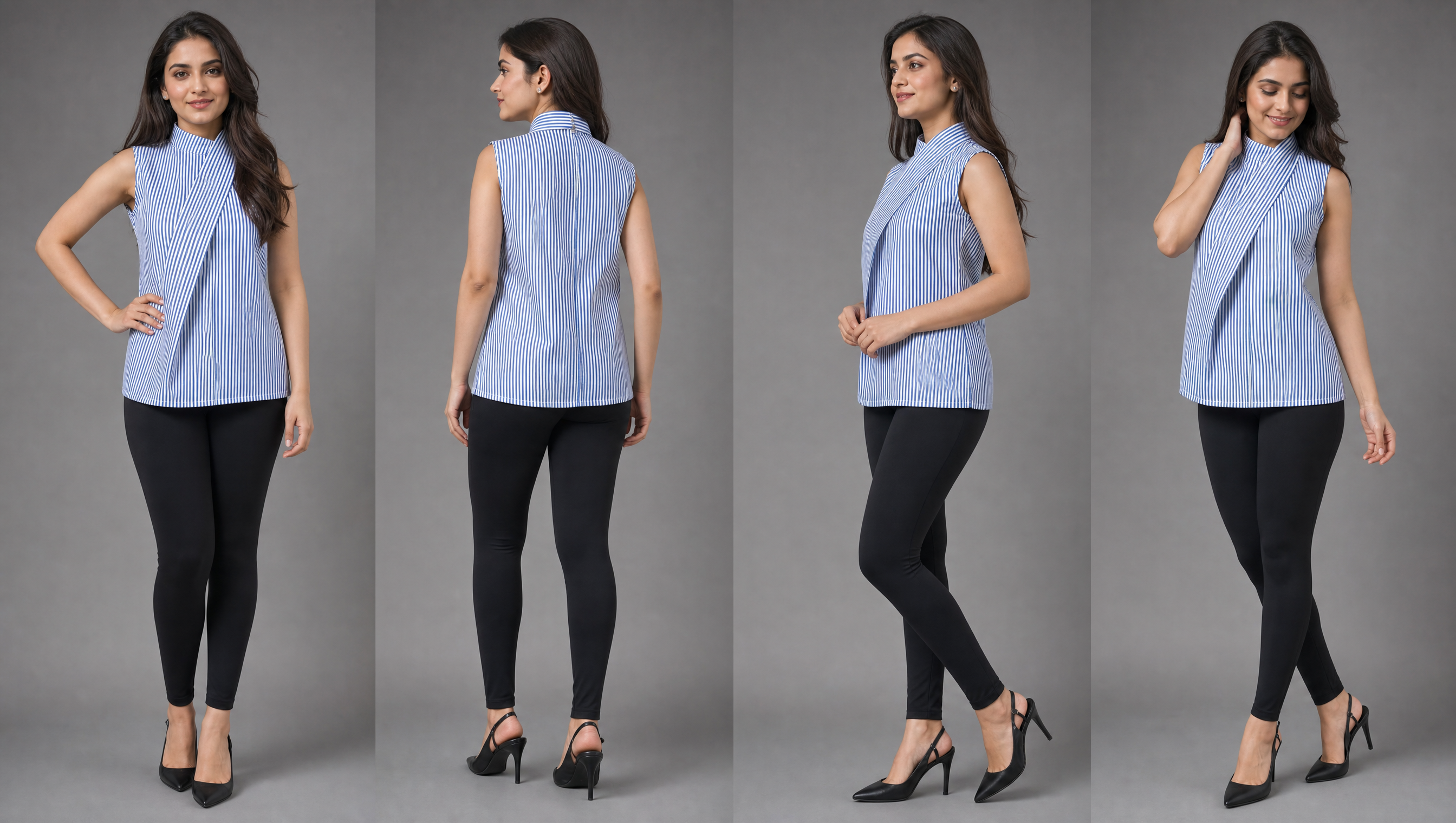 Blue & White Stripe Sleeveless Wrap Collar Top