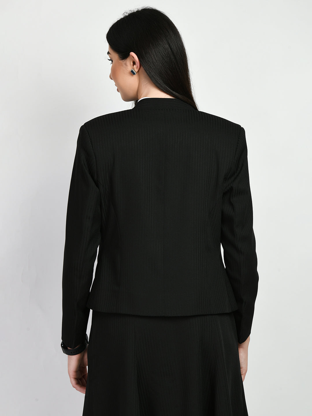 Exude Power Striped Mandarin Collar Short Blazer Black Blazers