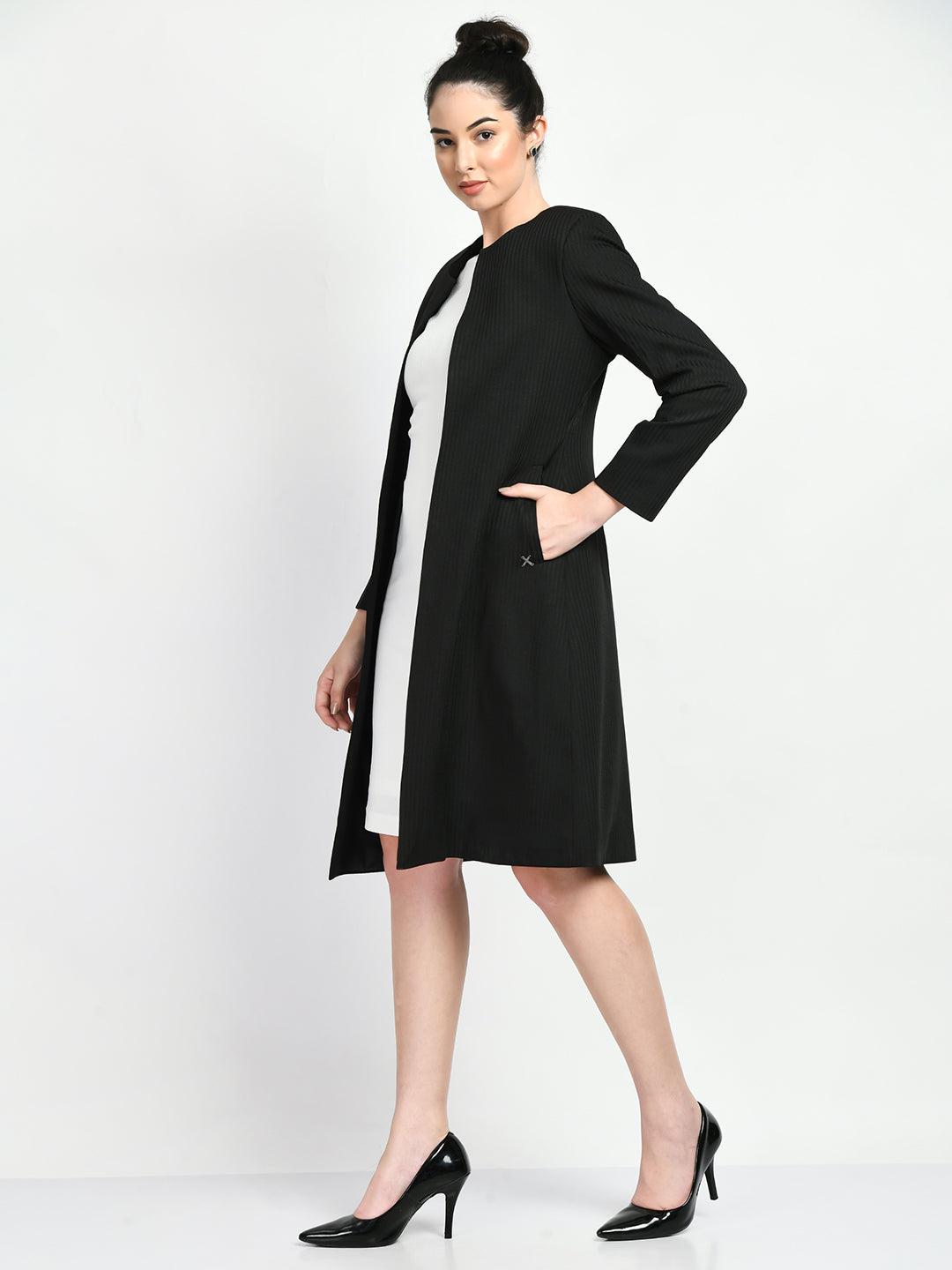 Exude Confidence Striped Long Blazer Black Blazers