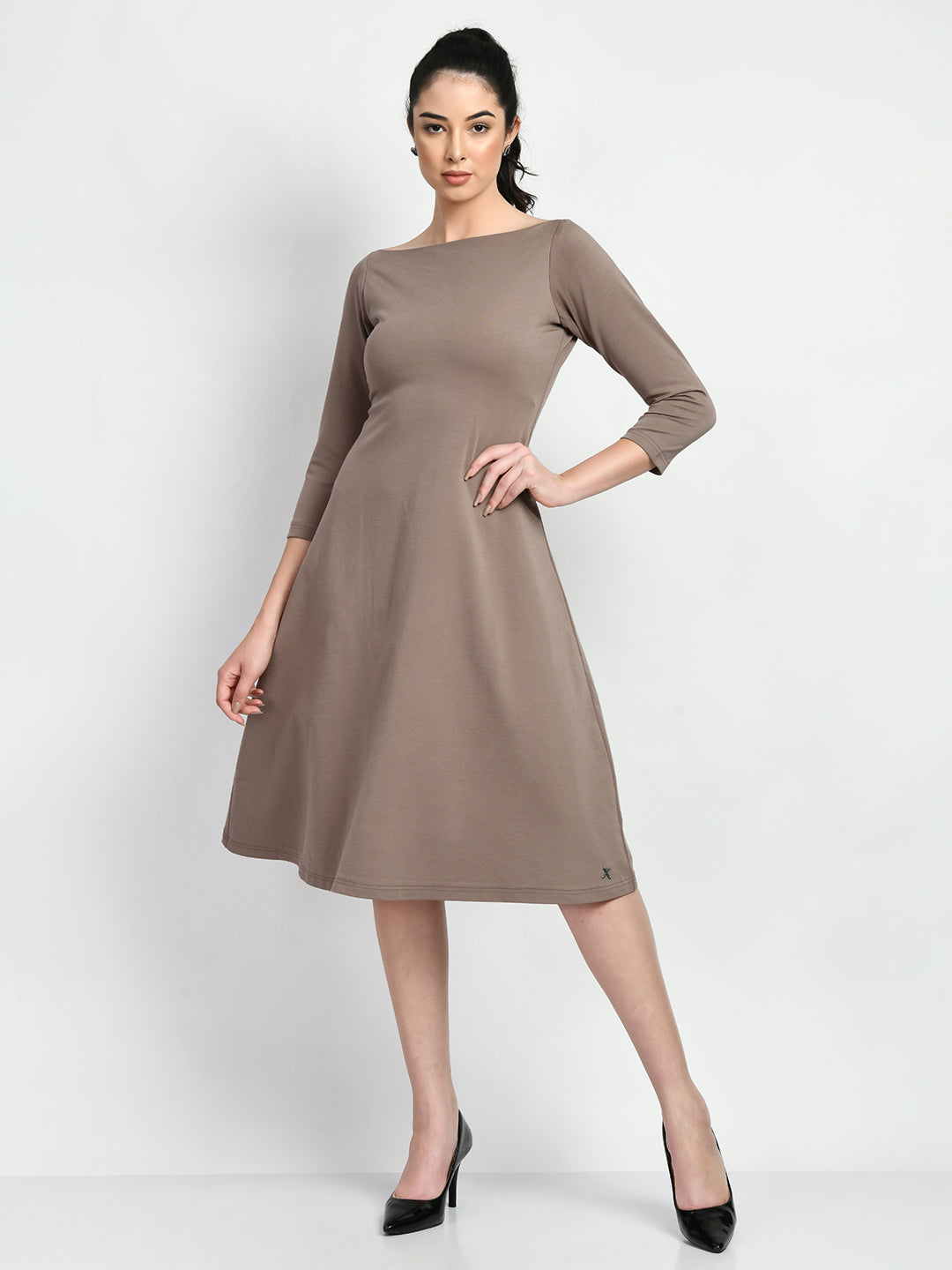 Exude Dignity Boat Neck A-line Dress Camel Beige Dresses
